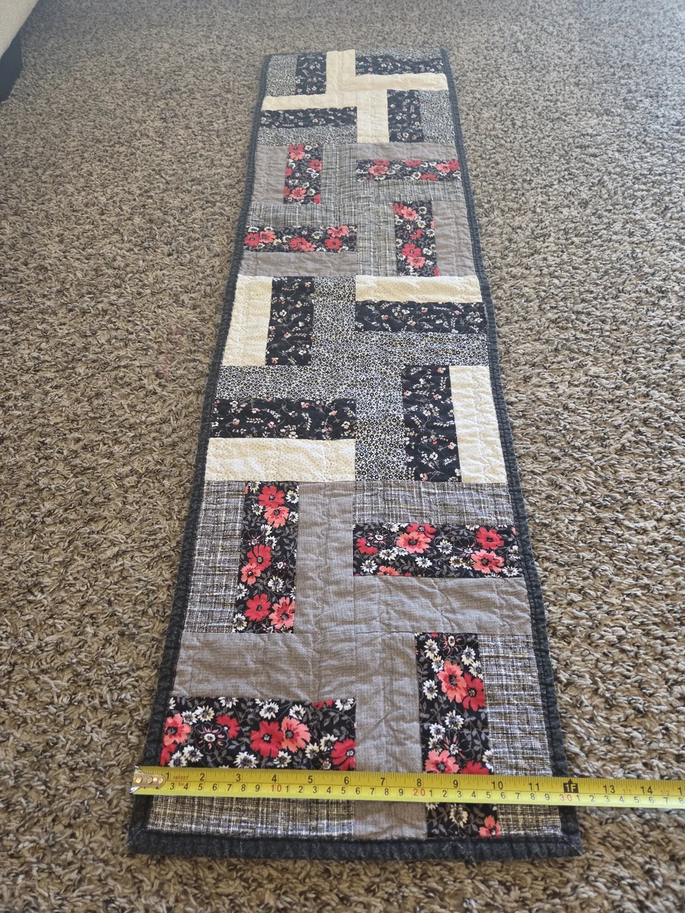Handmade Floral Patchwork Quilt Runner - Gray with Red Flowers